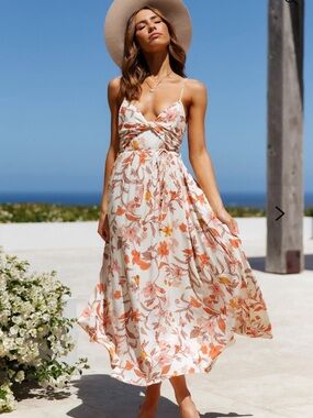 Hello Molly Cream Maxi Dress with Red Floral Print